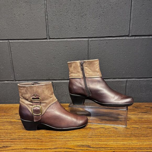 CLARKS Ingalls Brown Leather Zip Ankle Boots Buckle Women’s 8.5 - Picture 2 of 8